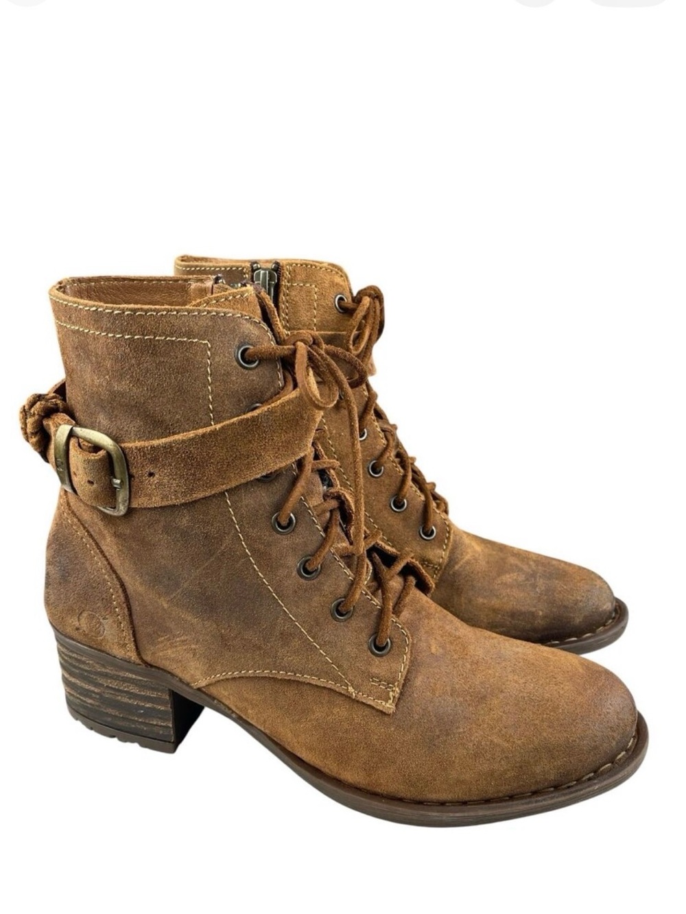 Born Ankle Boots 10 Brown Distressed Leather Lace‑Up Block Heel Buckle Strap